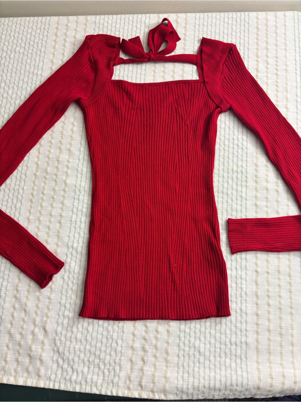 Square-Neck Ribbed Long-Sleeve Top with Back Tie in Red
